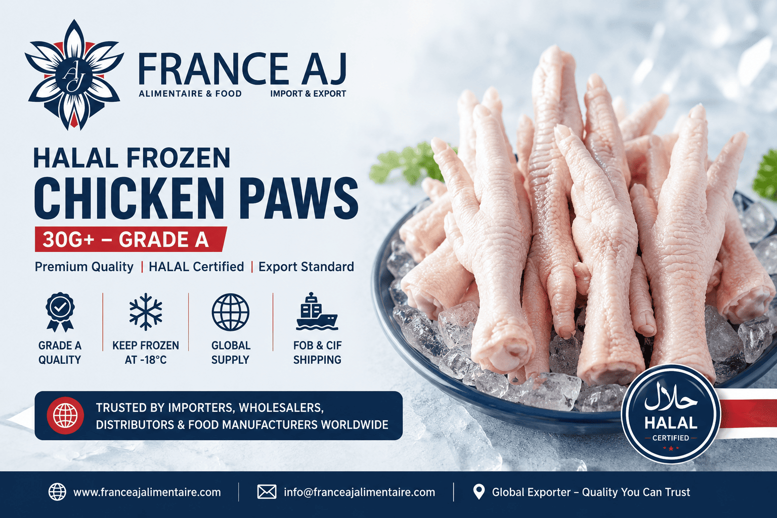 Patas de pollo congeladas HALAL 30g+ Grado A de Brasil proveedor mayorista FOB