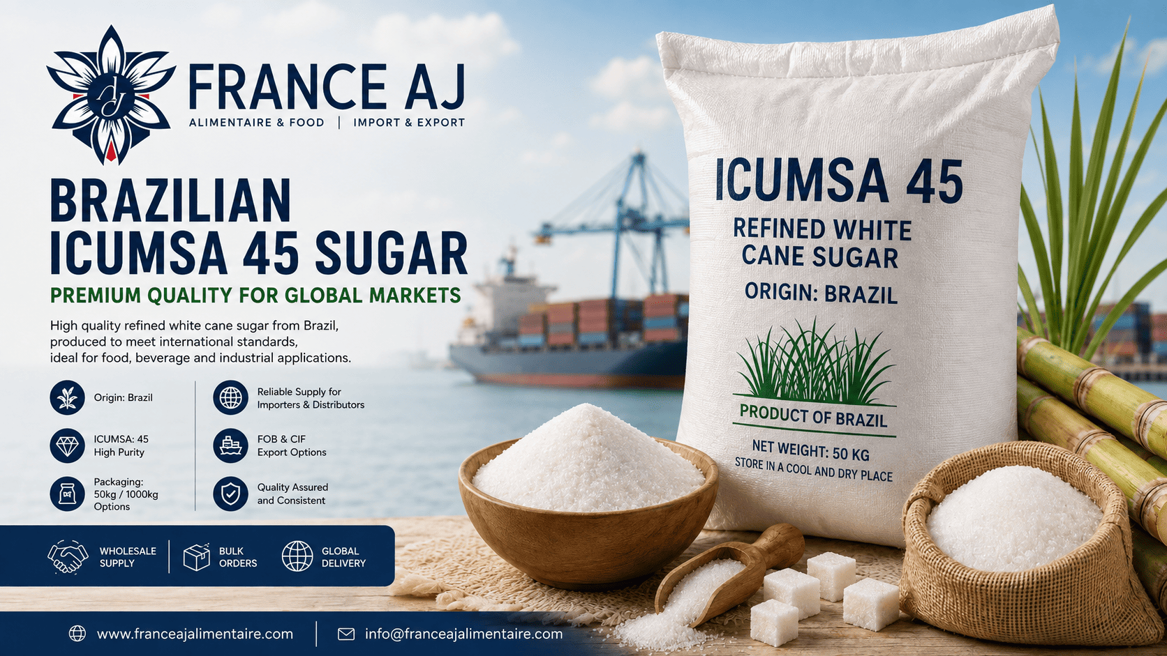 Azúcar brasileño ICUMSA 45 para importadores distribuidores venta mayorista y exportación a granel