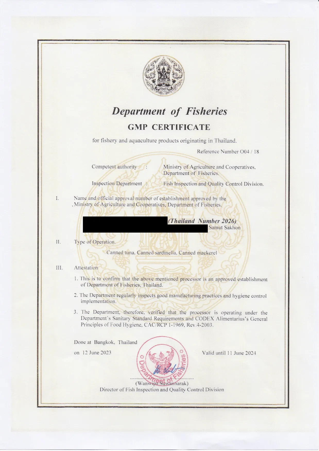 Department of Fisheries Thailand – GMP (Good Manufacturing Practice) Certification
