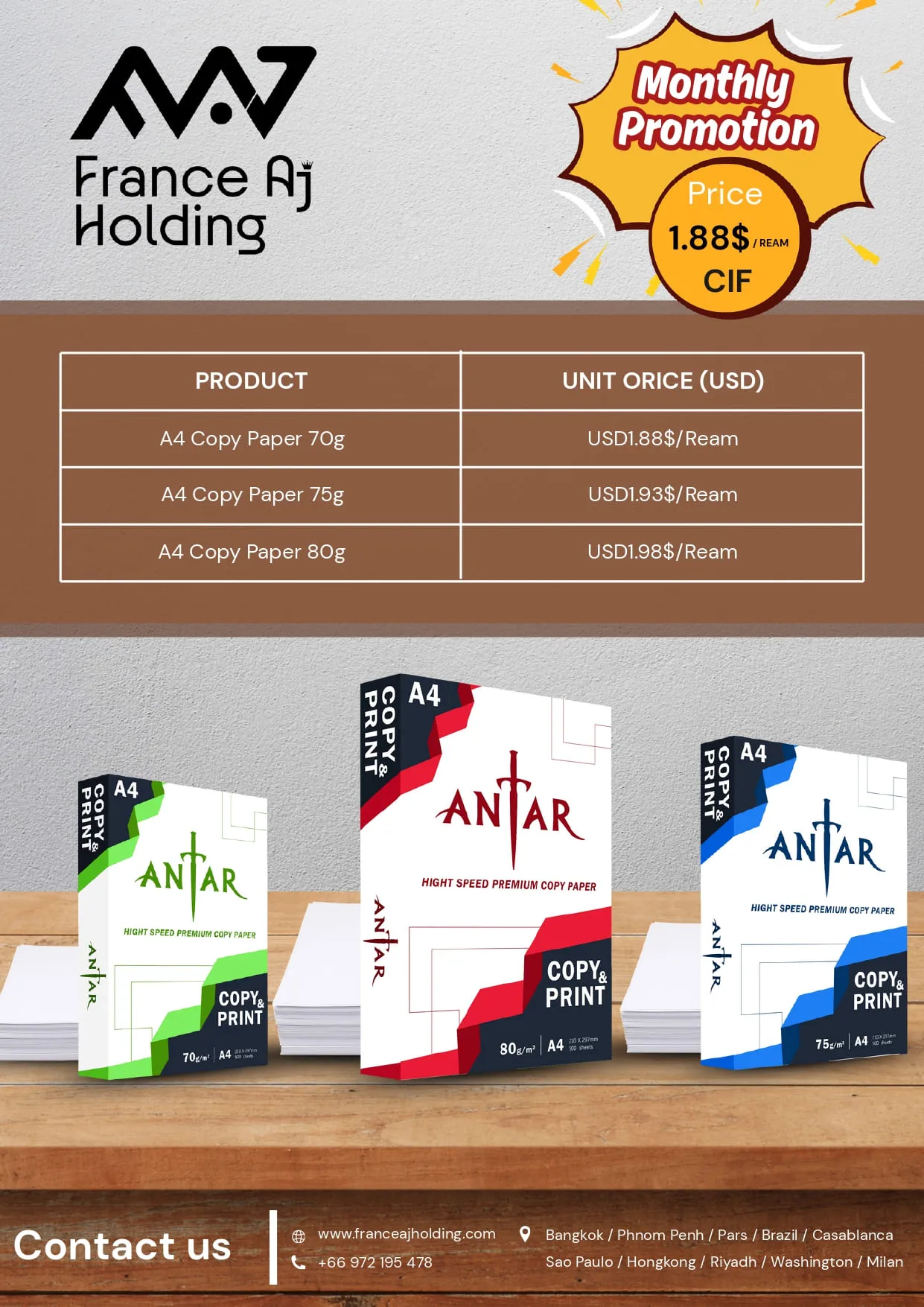 France AJ Alimentaire – Promoção mensal no papel de cópia ANTAR A4